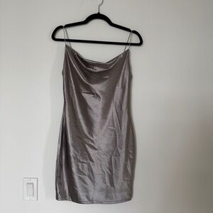 Silver Satin Cowl Neck Dress